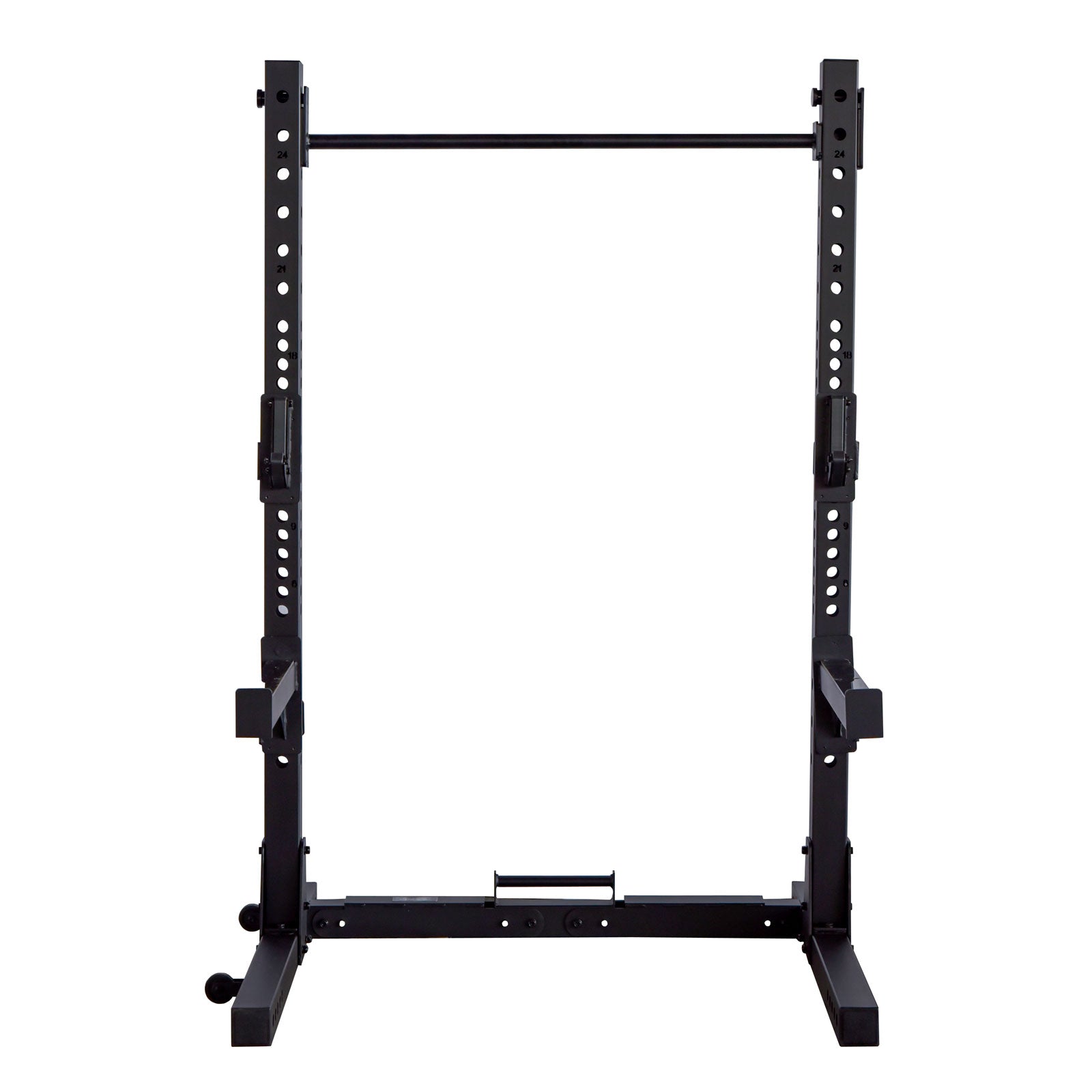black folding squat stands with safety stoppers and pull up bar