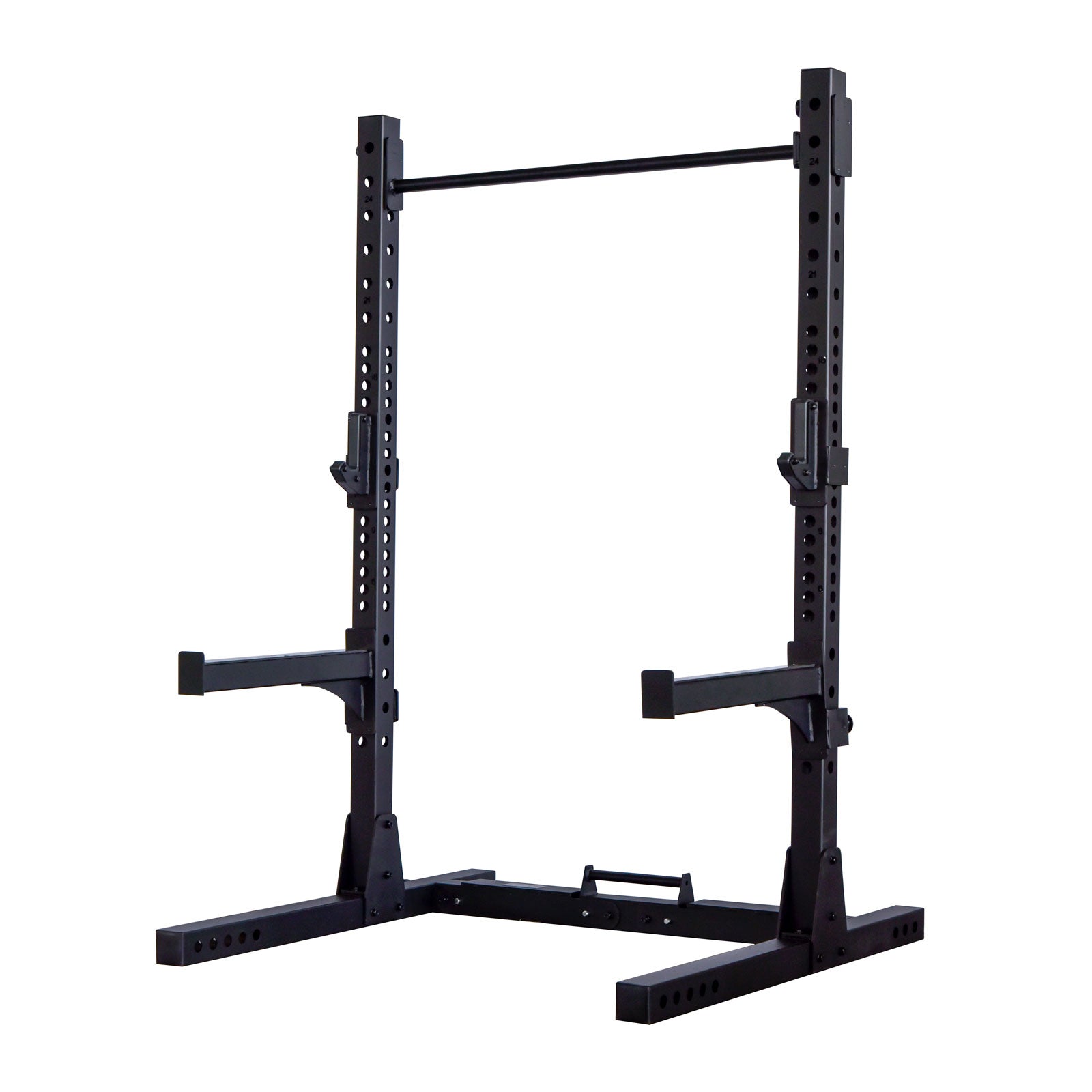 black folding squat stands with safety stoppers and pull up bar