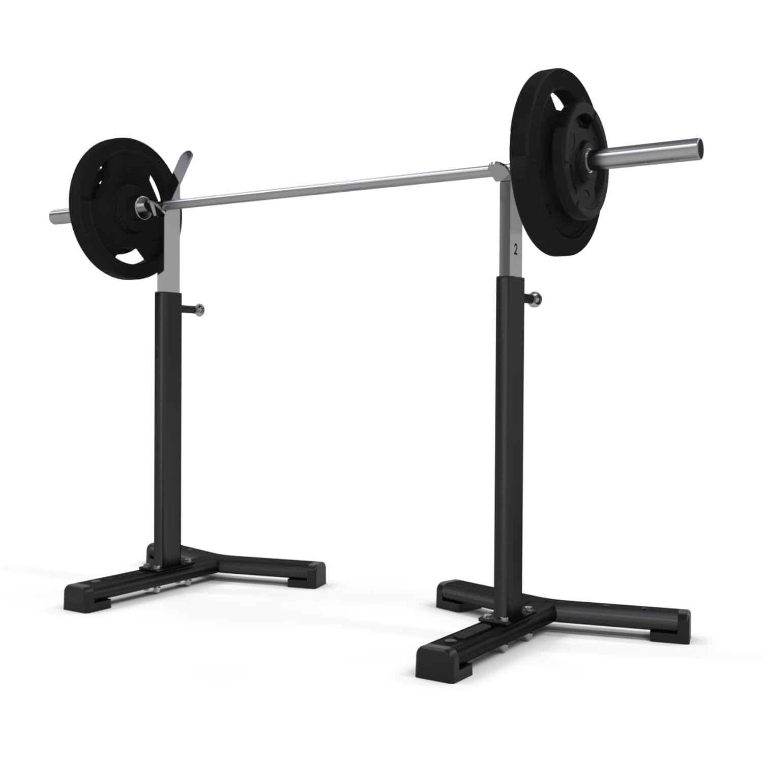 black independent squat stands with a racked loaded barbell