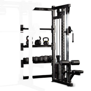 a single cable pulley machine with storage for functional fitness equipment