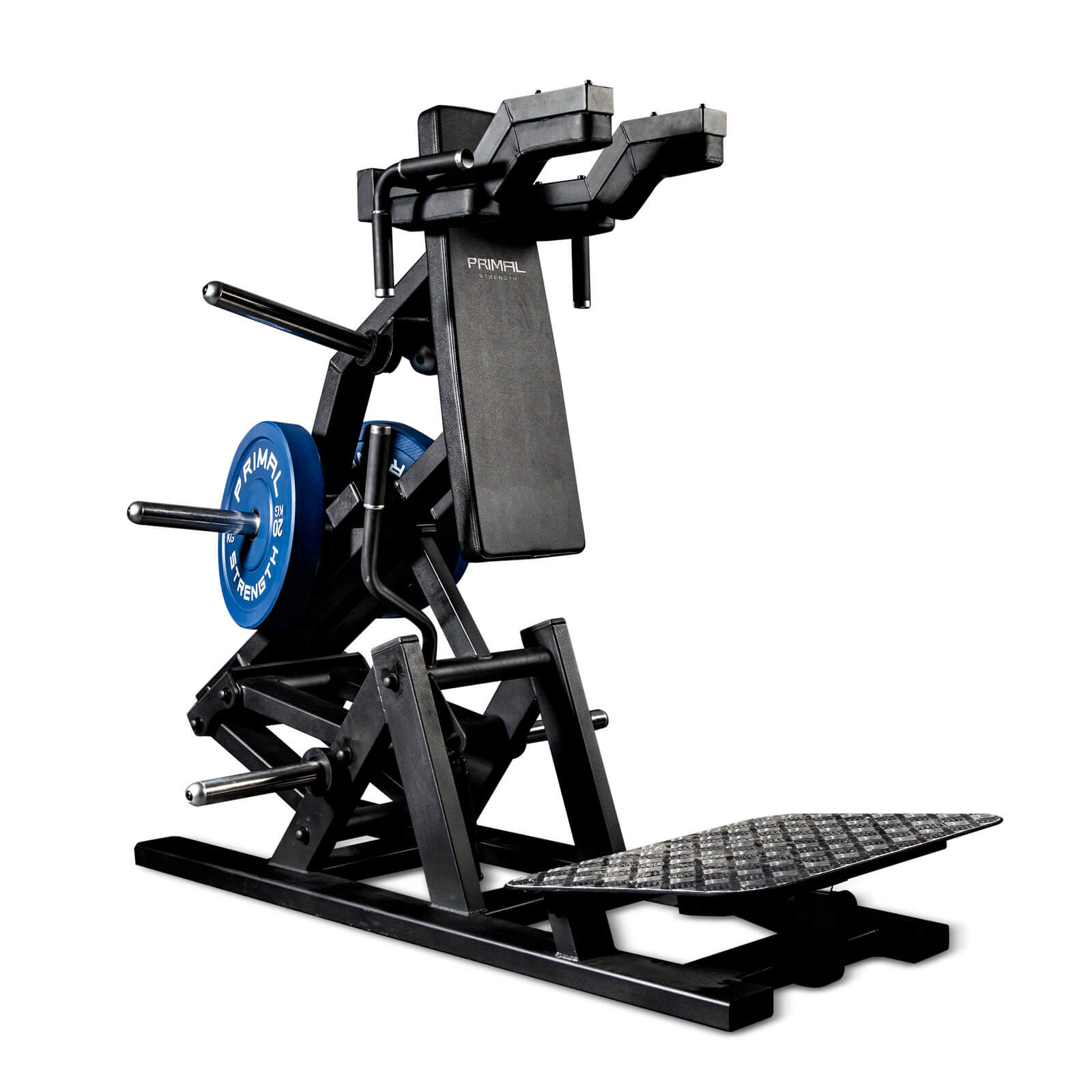 a plate loaded hack squat gym machine loaded with a pair of weight plates