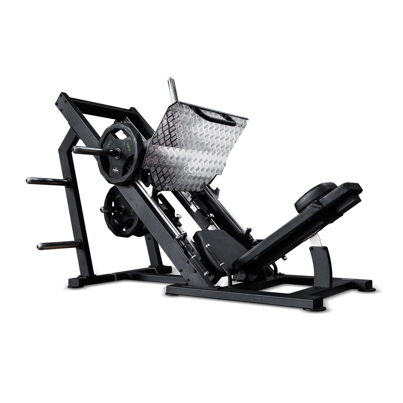 a black plate loaded 45 degree leg press gym machine