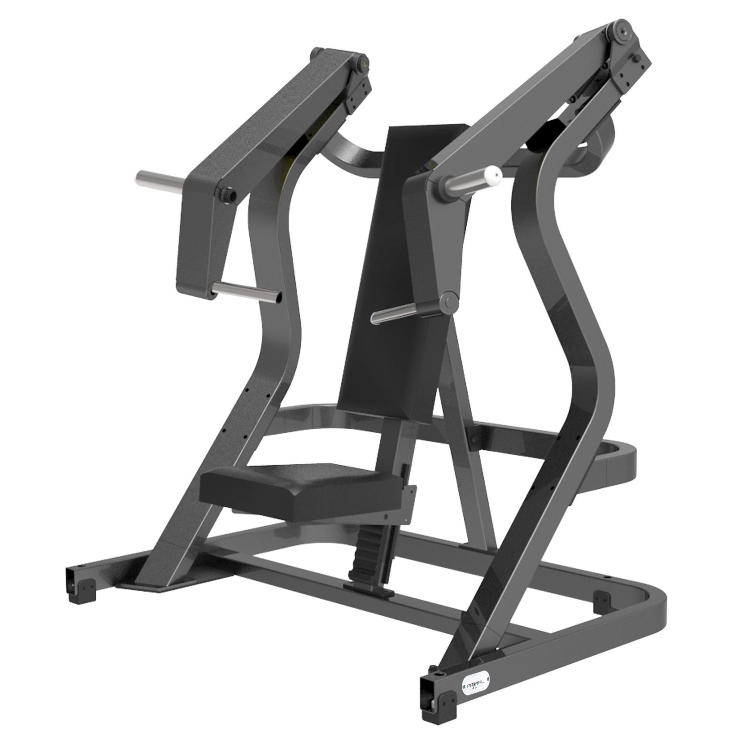 A black plate loaded incline chest press gym machine.