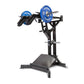 a plate loaded leverage squat machine loaded with a pair of weight plates