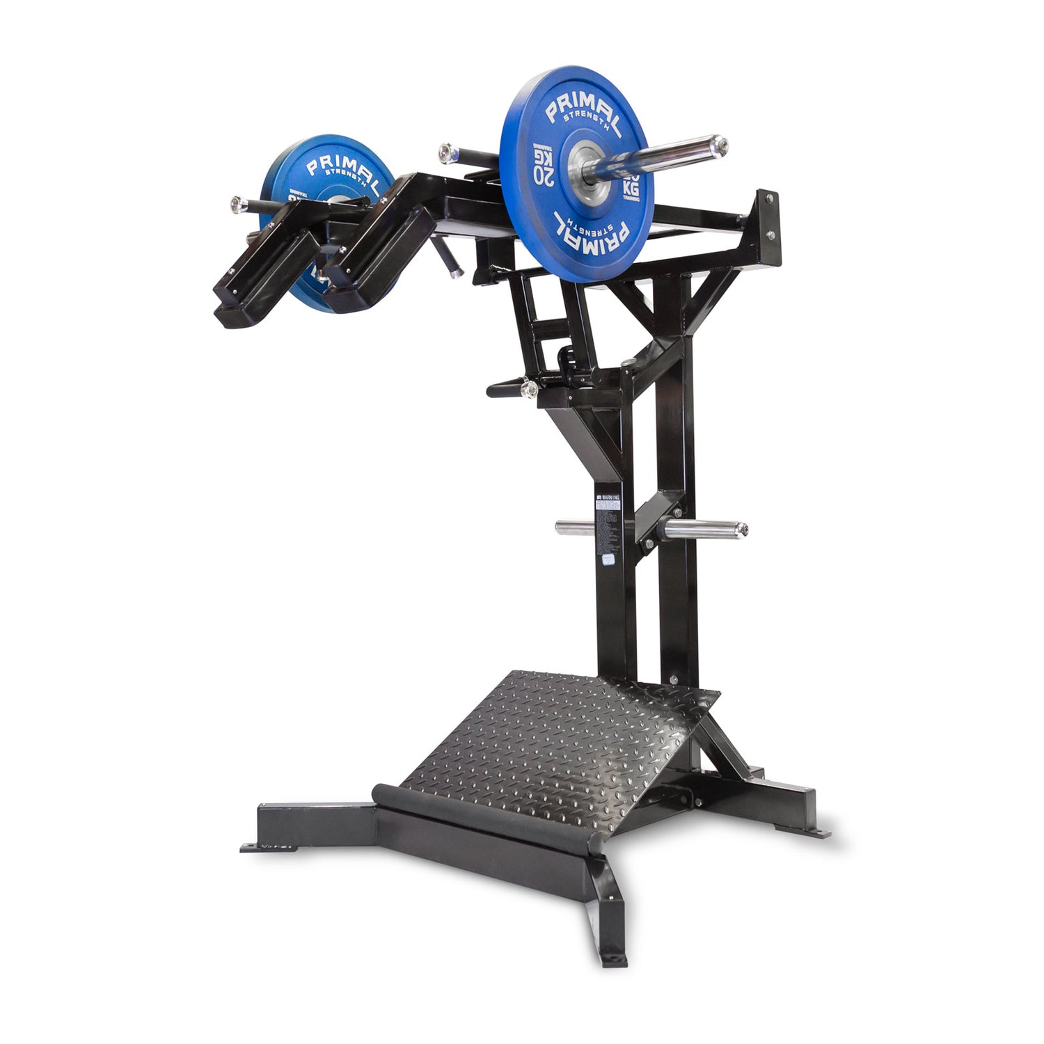 a plate loaded leverage squat machine loaded with a pair of weight plates