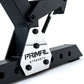 a metal plate with a lasered primal strength logo on a preacher curl bench