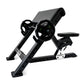 a black preacher curl bench with a loaded barbell