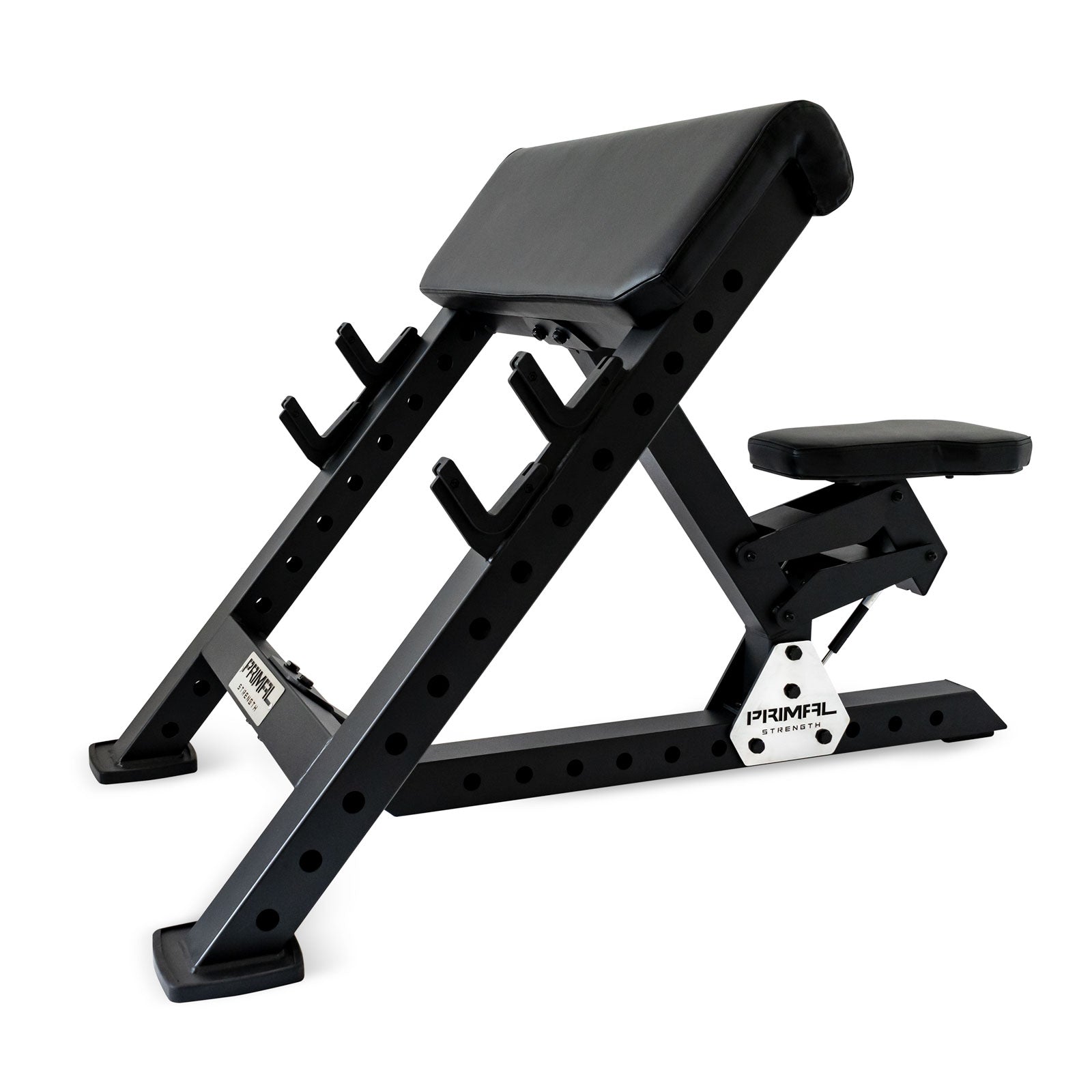 a empty black preacher curl gym bench
