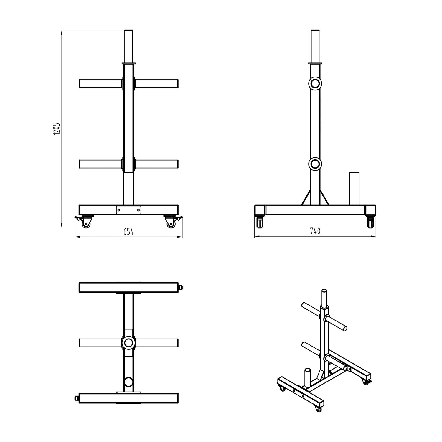 a diagram and dimensions of a weight plate rack with wheels