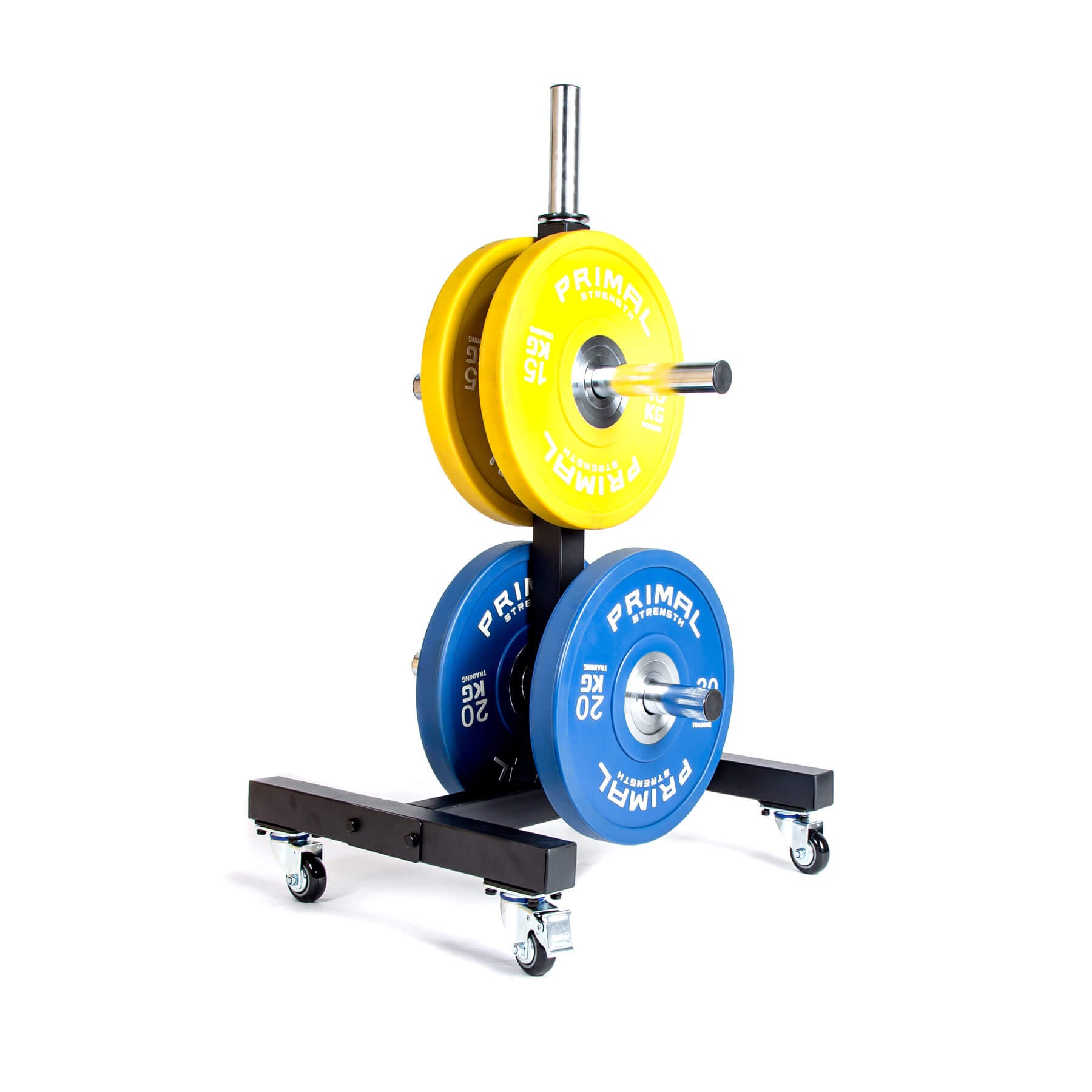 a weight plate rack with castor wheels loaded with weight plates
