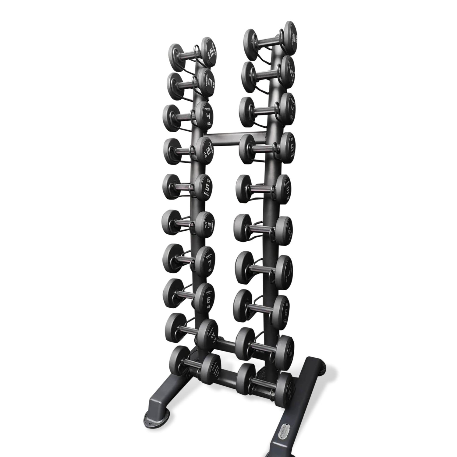 a vertical dumbbell rack with 10 pairs of dumbbells