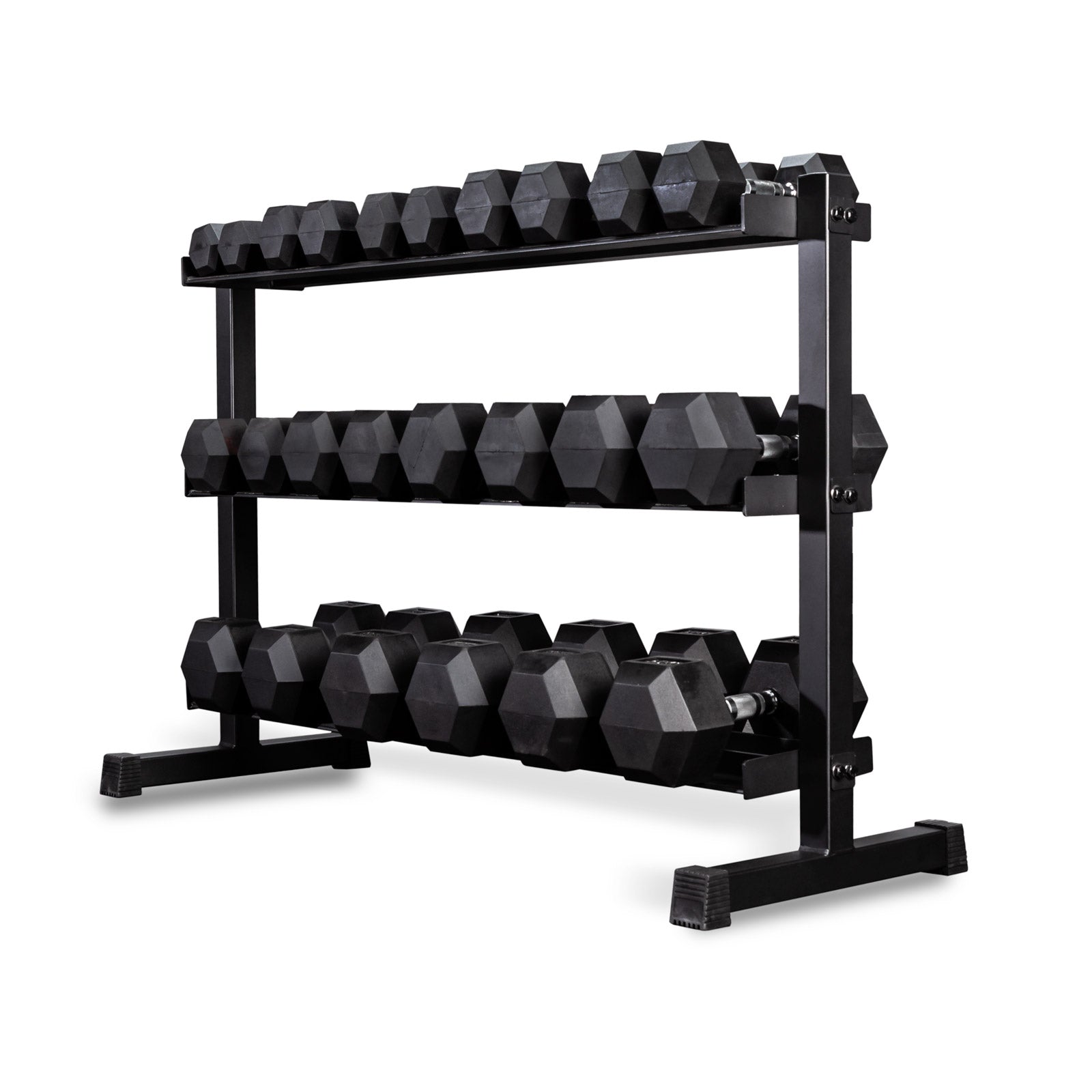 a full black 3 tier hex dumbbell rack