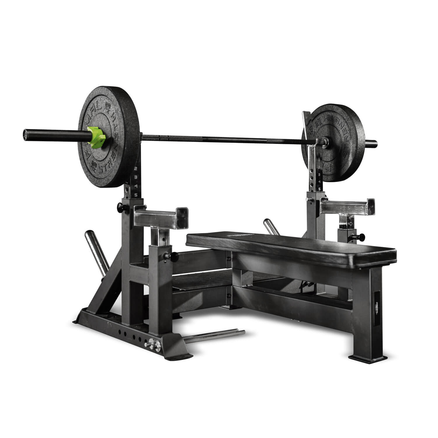 adjustable olympic weight bench with olympic barbell loaded with a pair of weights