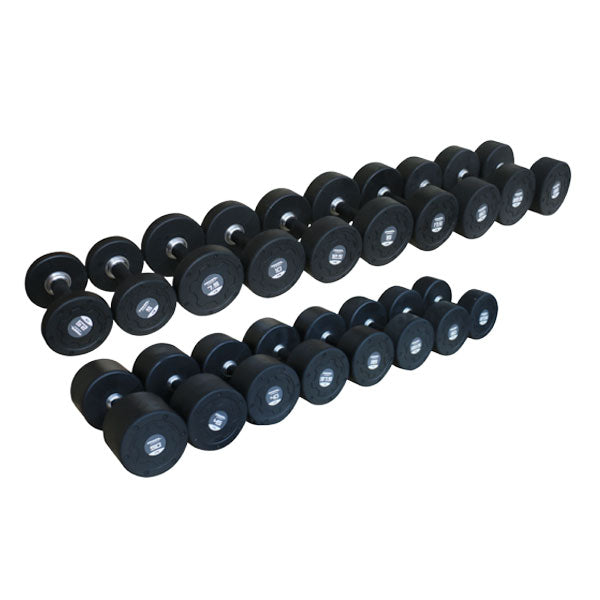 a range of black rubber and stainless steel dumbbell pairs