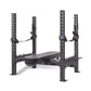 a empty olympic weight bench with safety straps