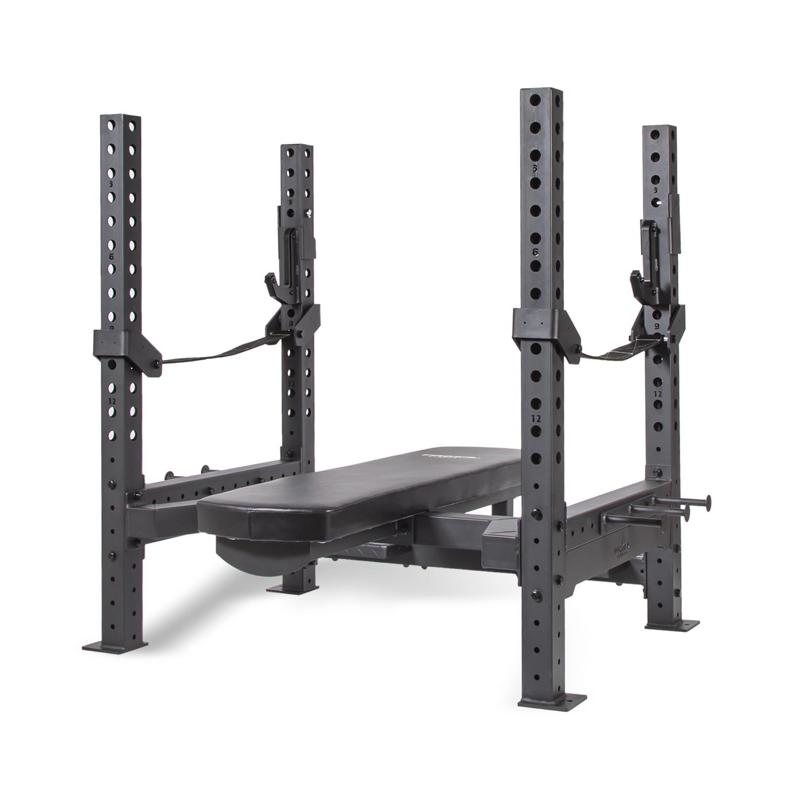 a empty olympic weight bench with safety straps