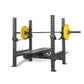 a olympic weight bench with racked barbell and weight plates