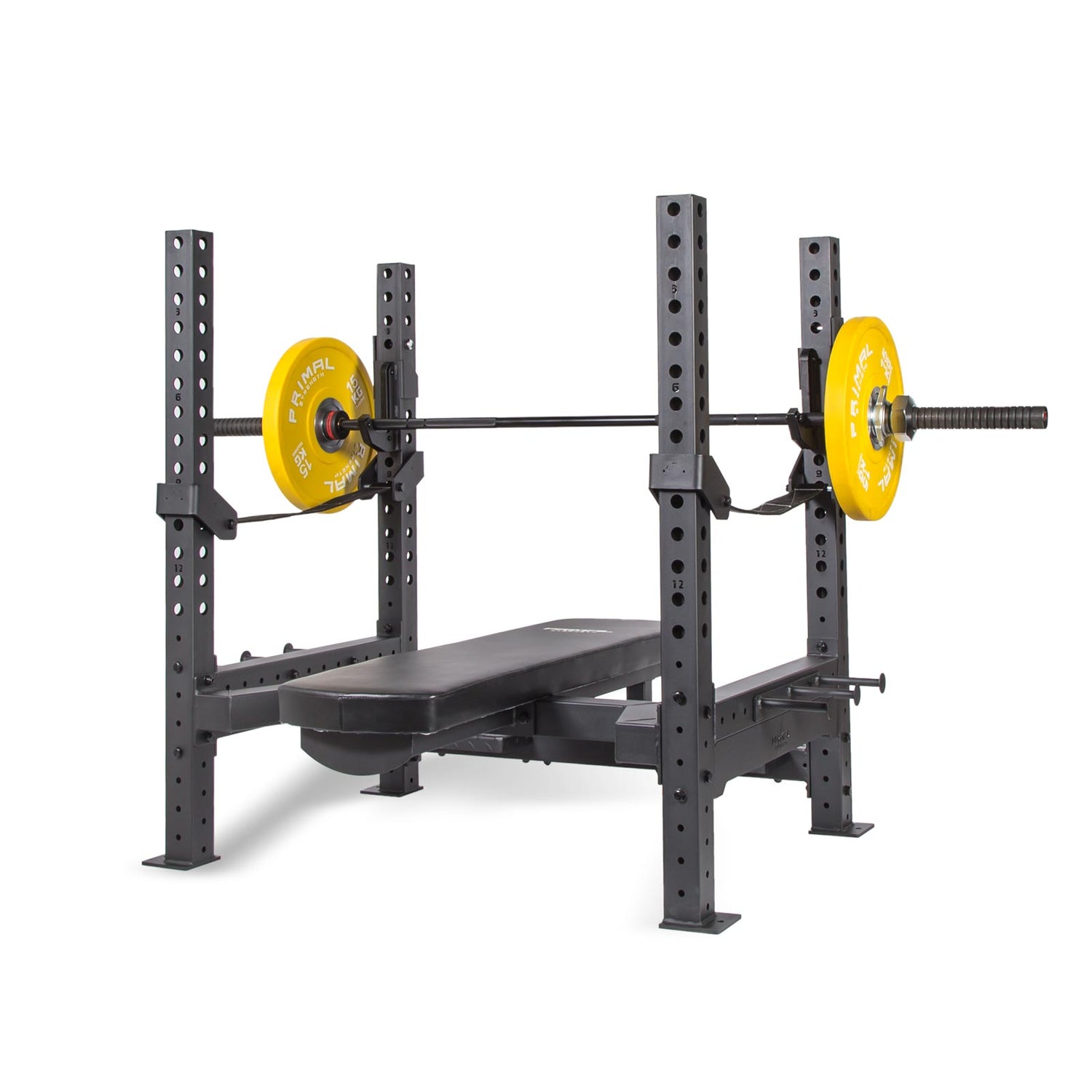 a olympic weight bench with racked barbell and weight plates
