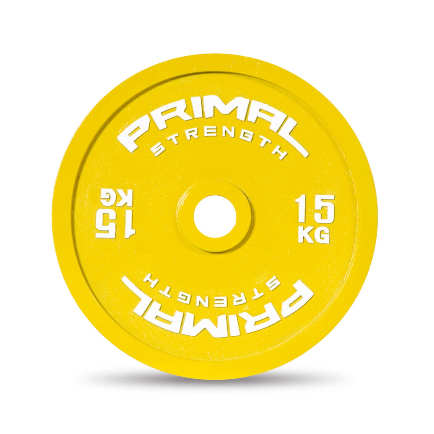 A yellow 15kg calibrated steel weight plate.