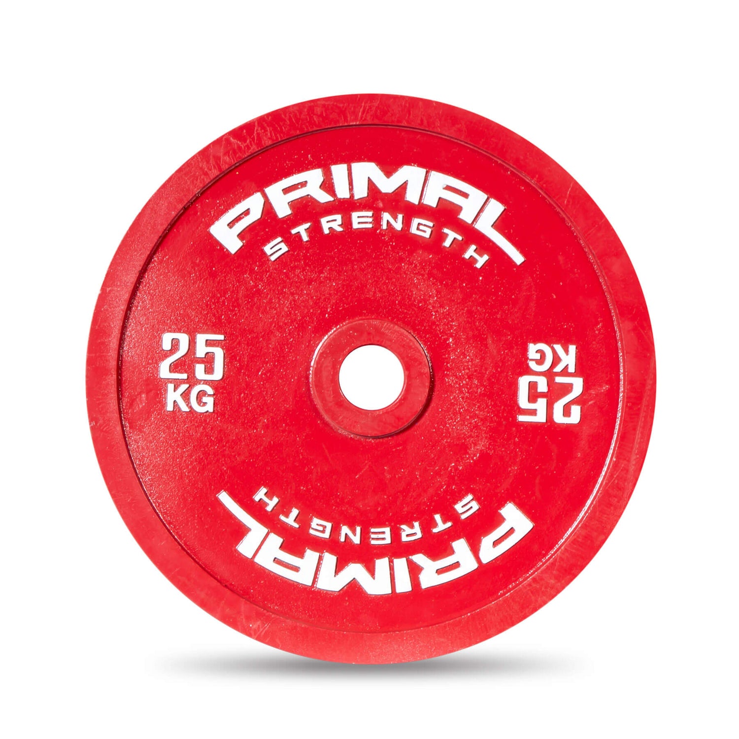 A red 25kg steel calibrated weight plate.