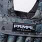 A close up of the Primal branding on a 20kg camouflage weighted vest.
