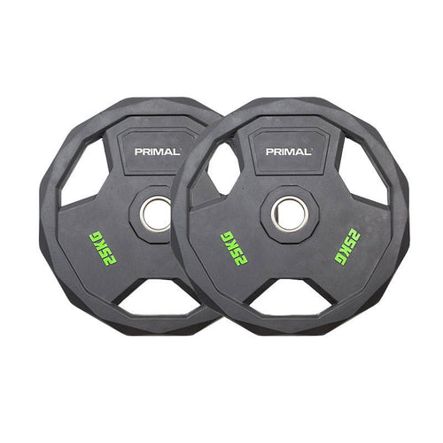 A 25kg pair of black rubber olympic weight discs.