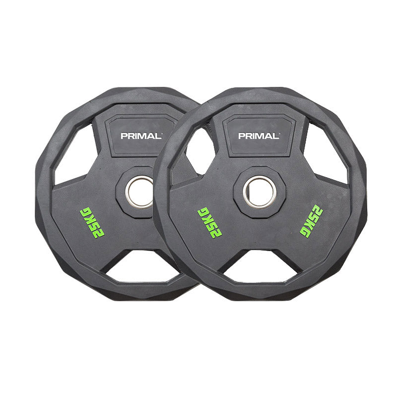 A 25kg pair of black rubber olympic weight discs.