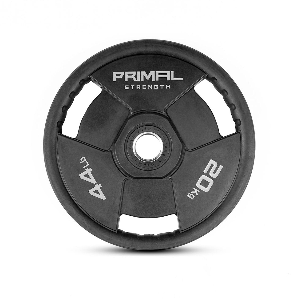 A black olympic weight disc with a PVC finish.