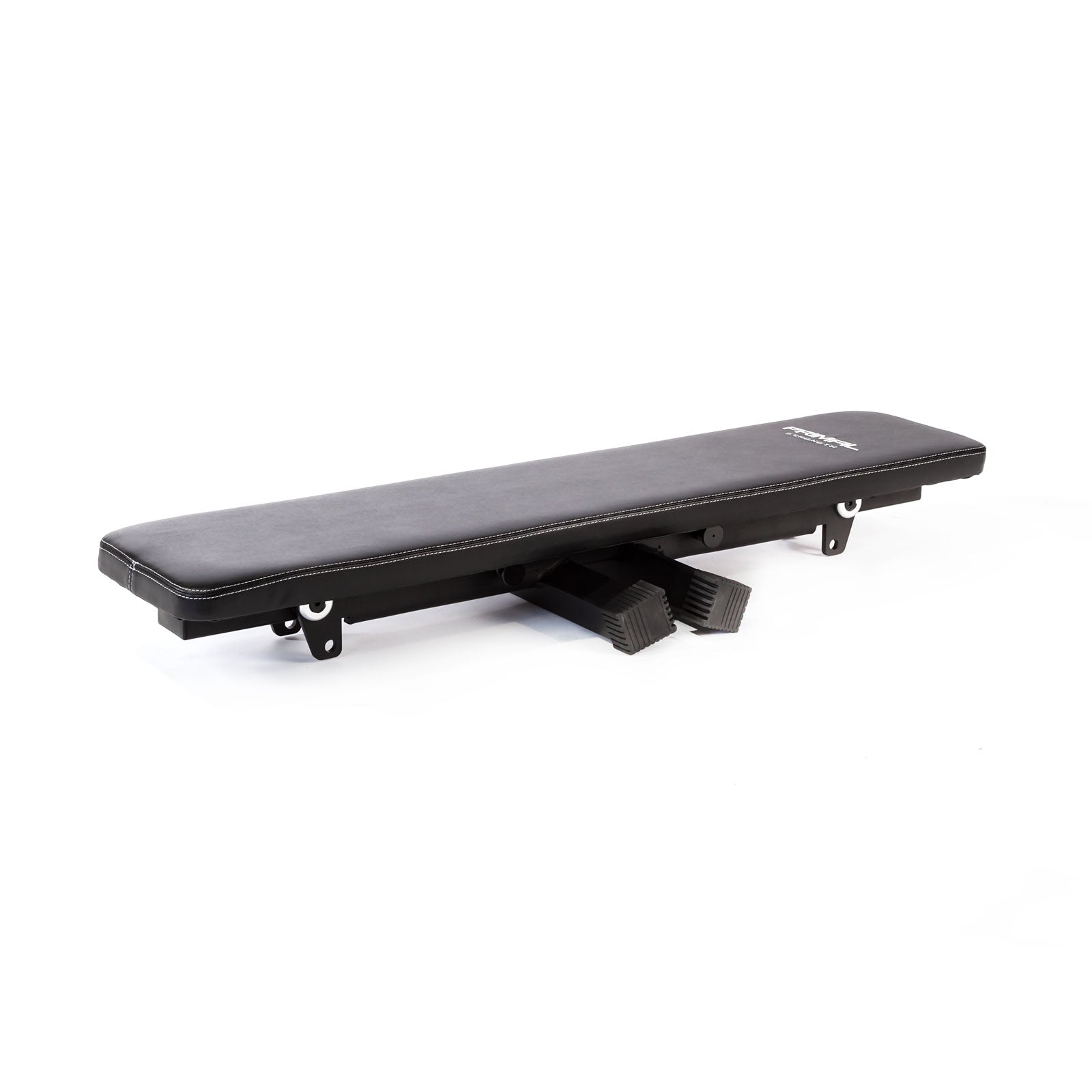 a black flat folding gym weight bench folded flat