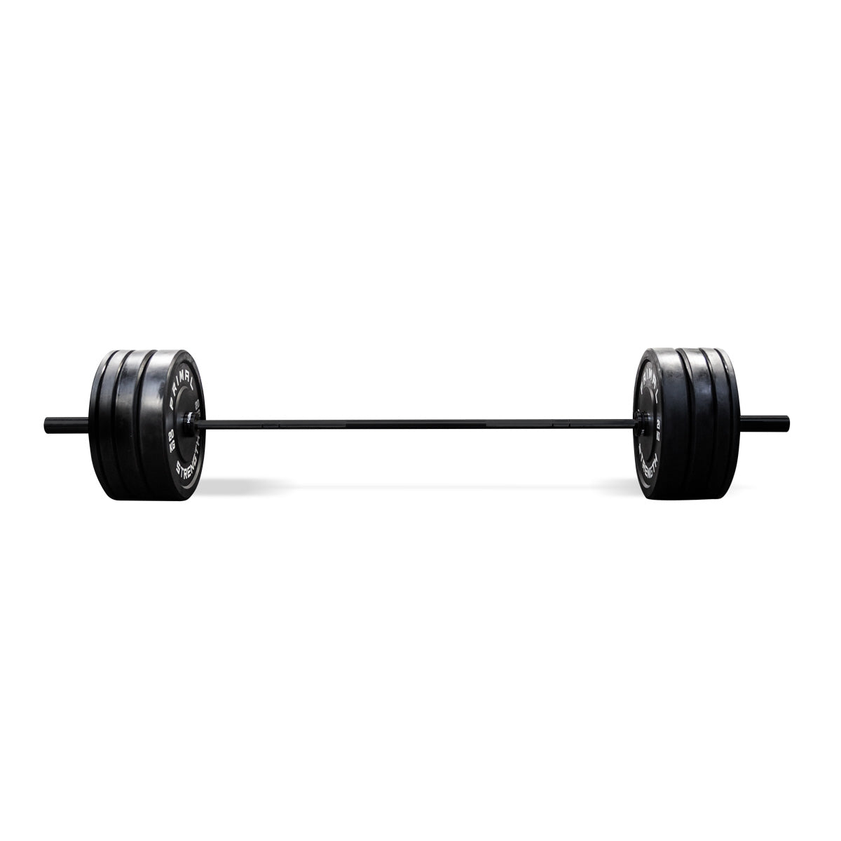 a black olympic barbell loaded with 120kg of bumper plates