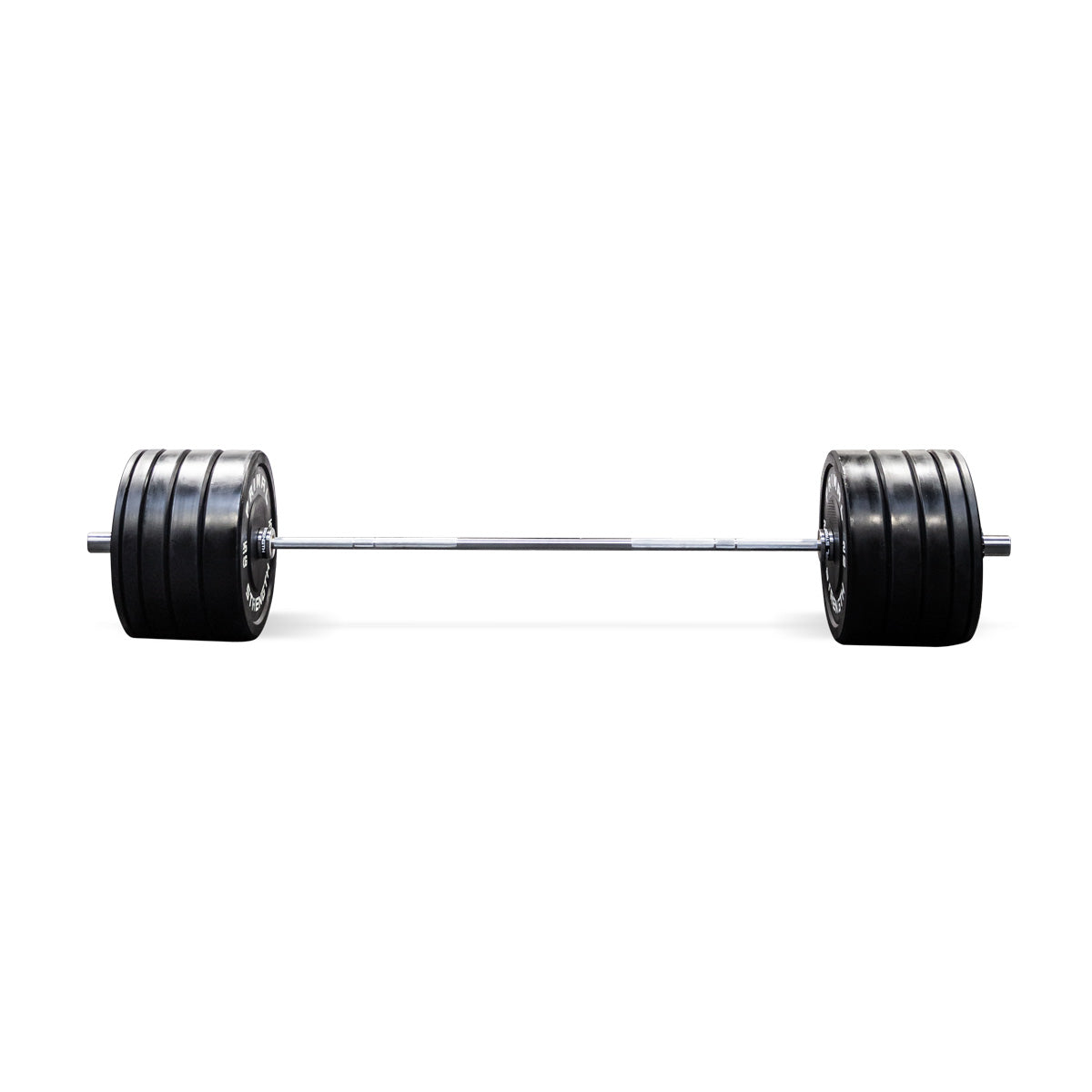 a black olympic barbell loaded with 170kg of bumper plates