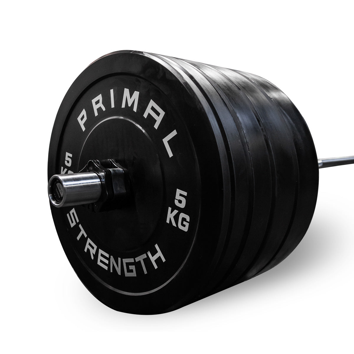 black bumper weight plates loaded onto a olympic barbell