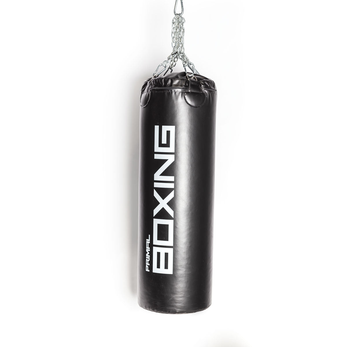 a black 4ft boxing bag with white text