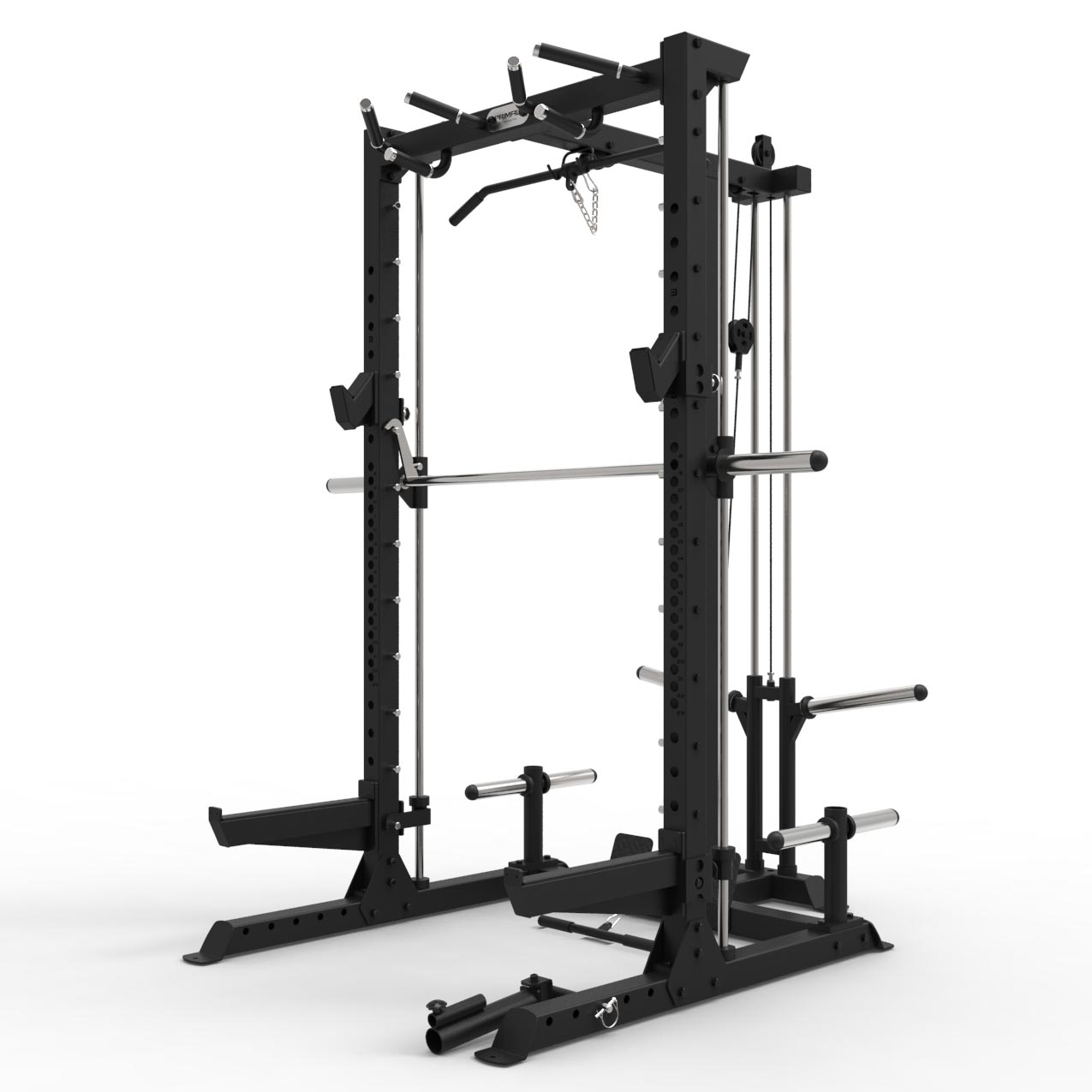 a gym half rack with single low and high pulley machine