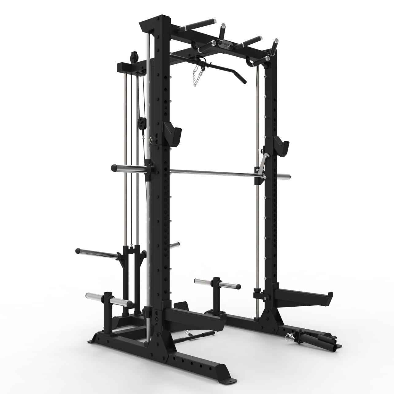 a gym half rack with single low and high pulley machine