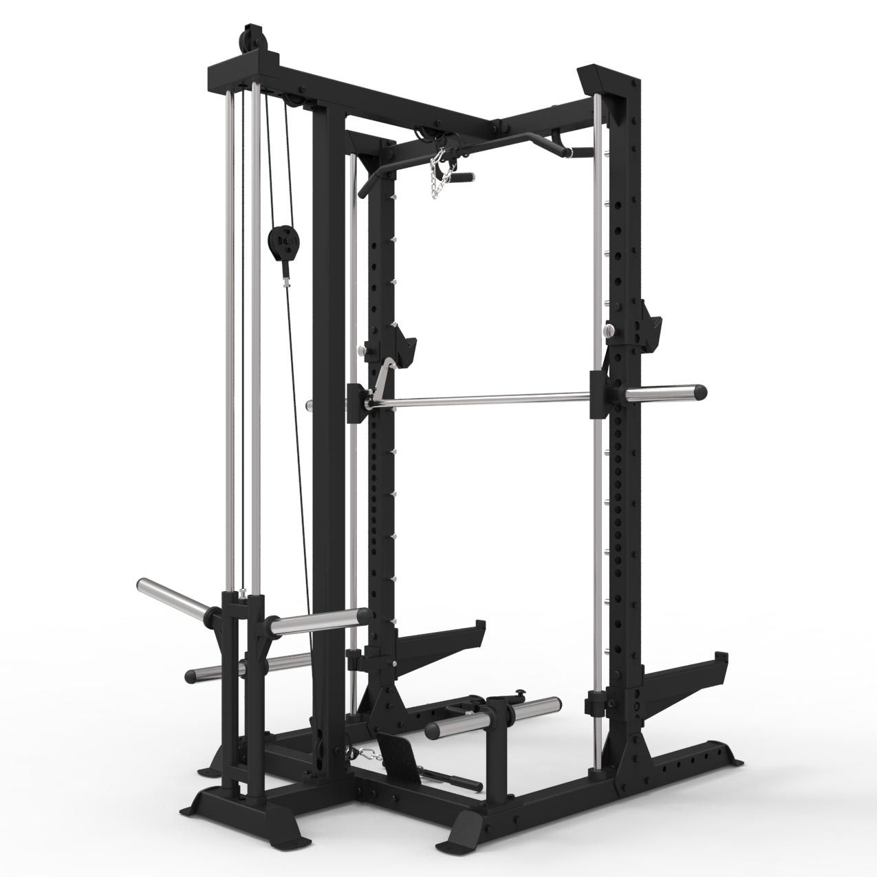 a gym half rack with single low and high pulley machine