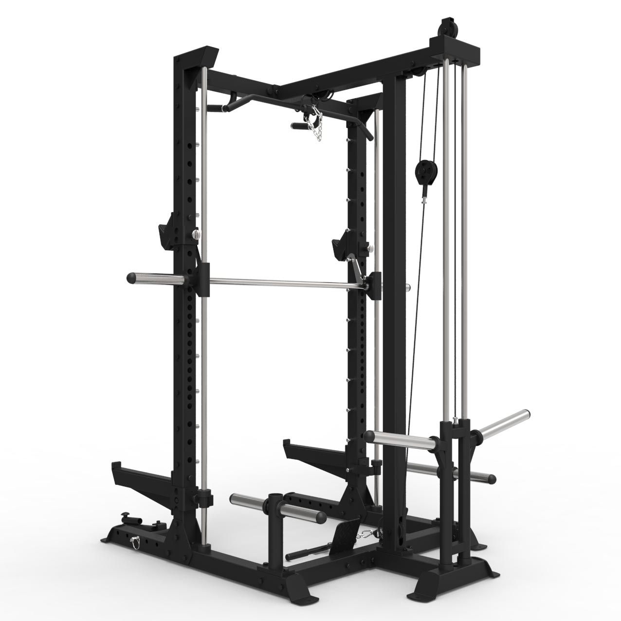a gym half rack with single low and high pulley machine
