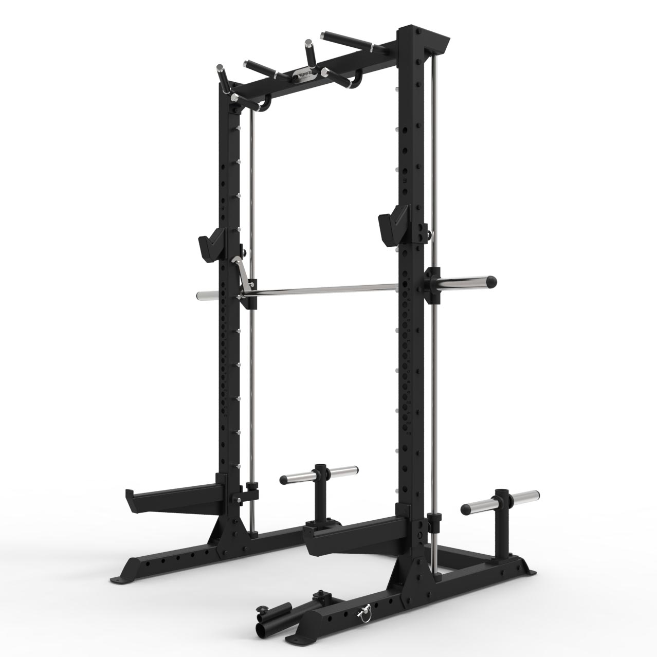 a gym half rack with single low and high pulley machine