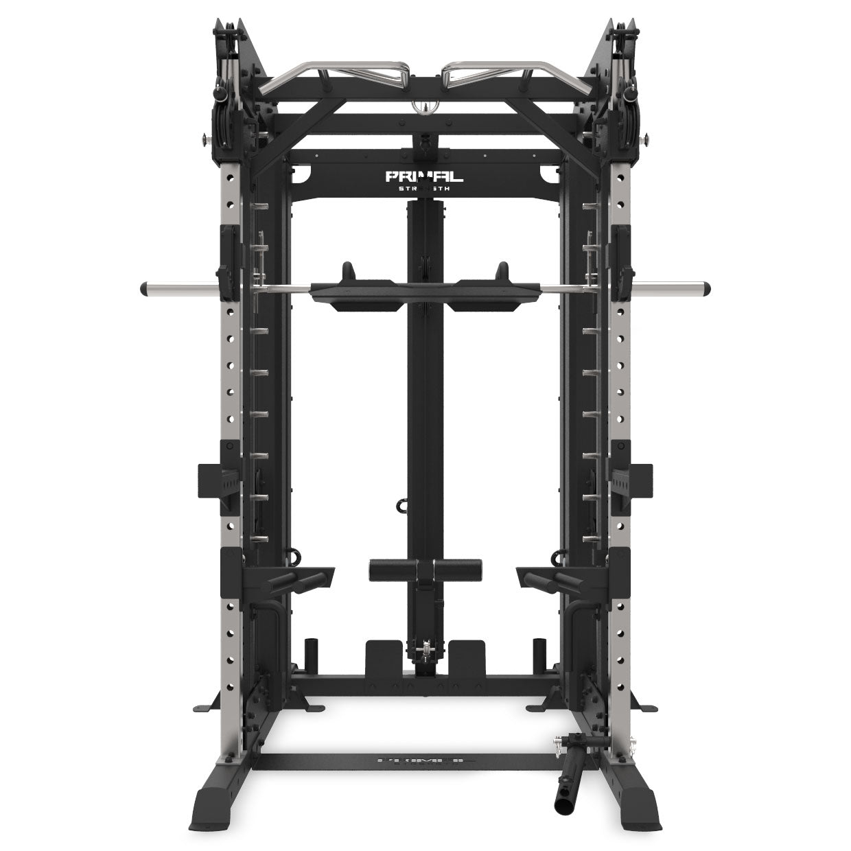 monster rack system including smith machine, rack attachments and weight plate storage