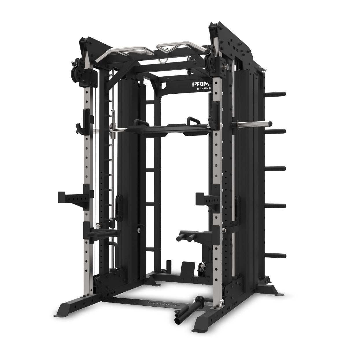 monster rack system including smith machine, rack attachments and weight plate storage