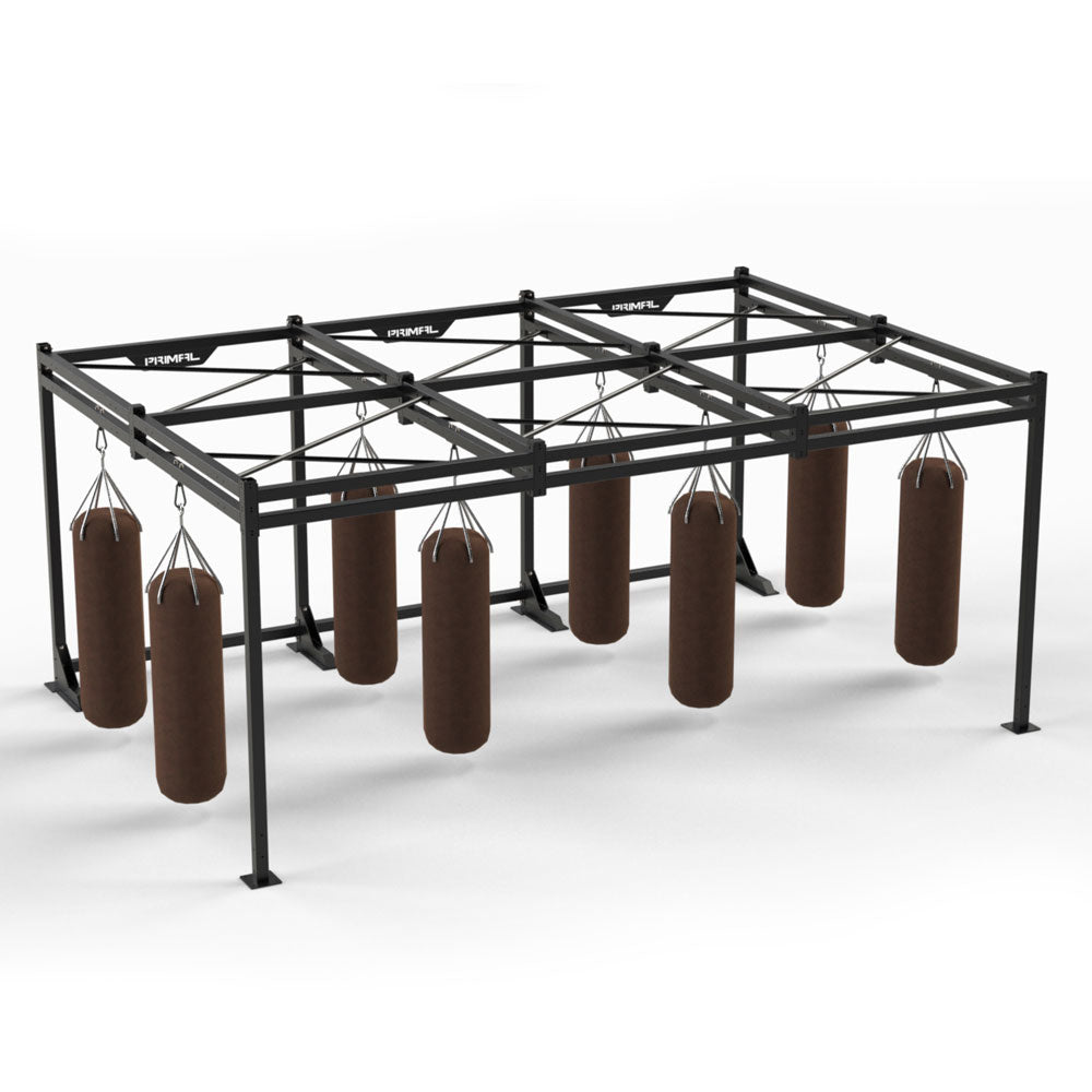 a boxing bag rig filled with hanging boxing bags