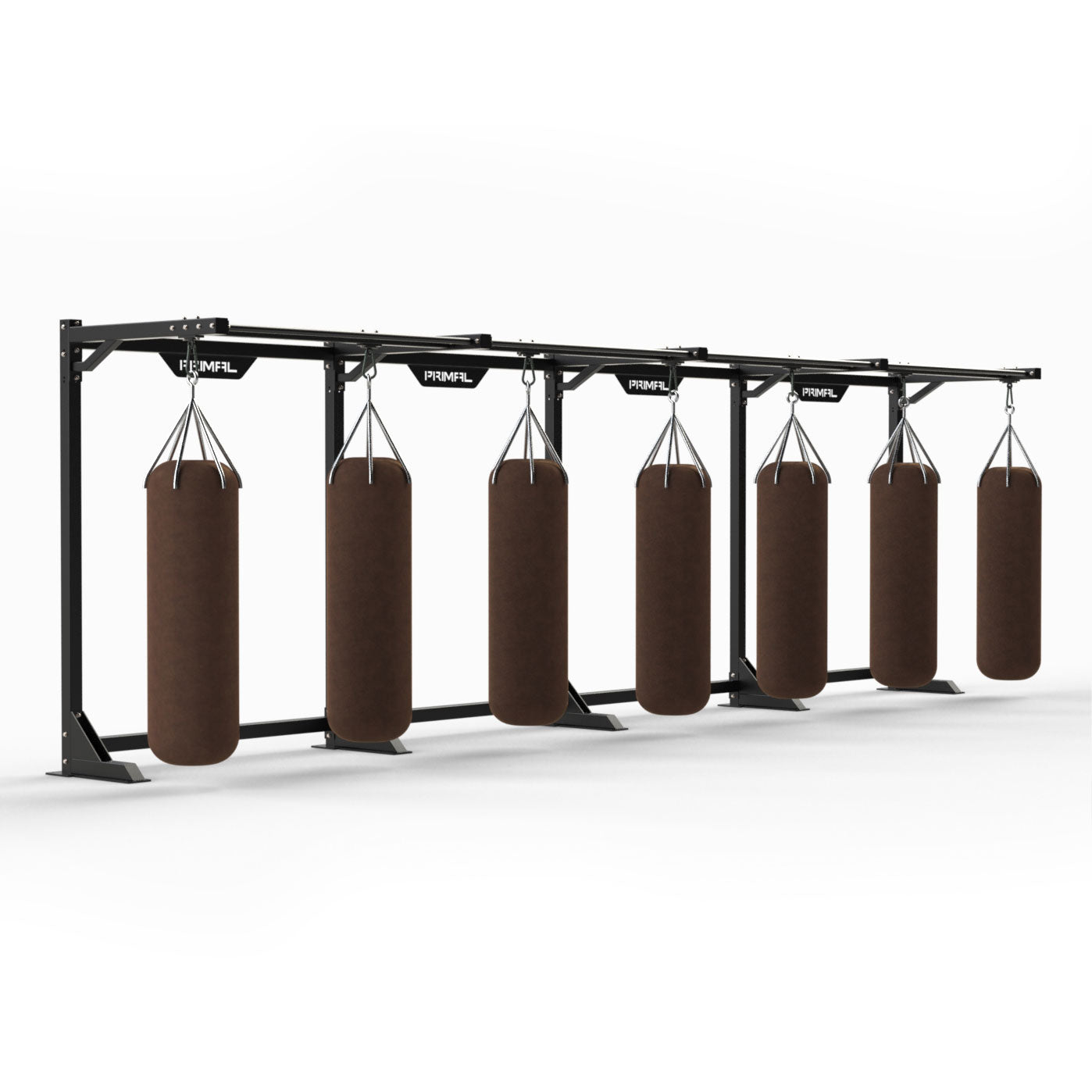 a boxing bag rig filled with hanging boxing bags