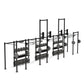 a custom gym rig with four barbell racks and functional fitness storage