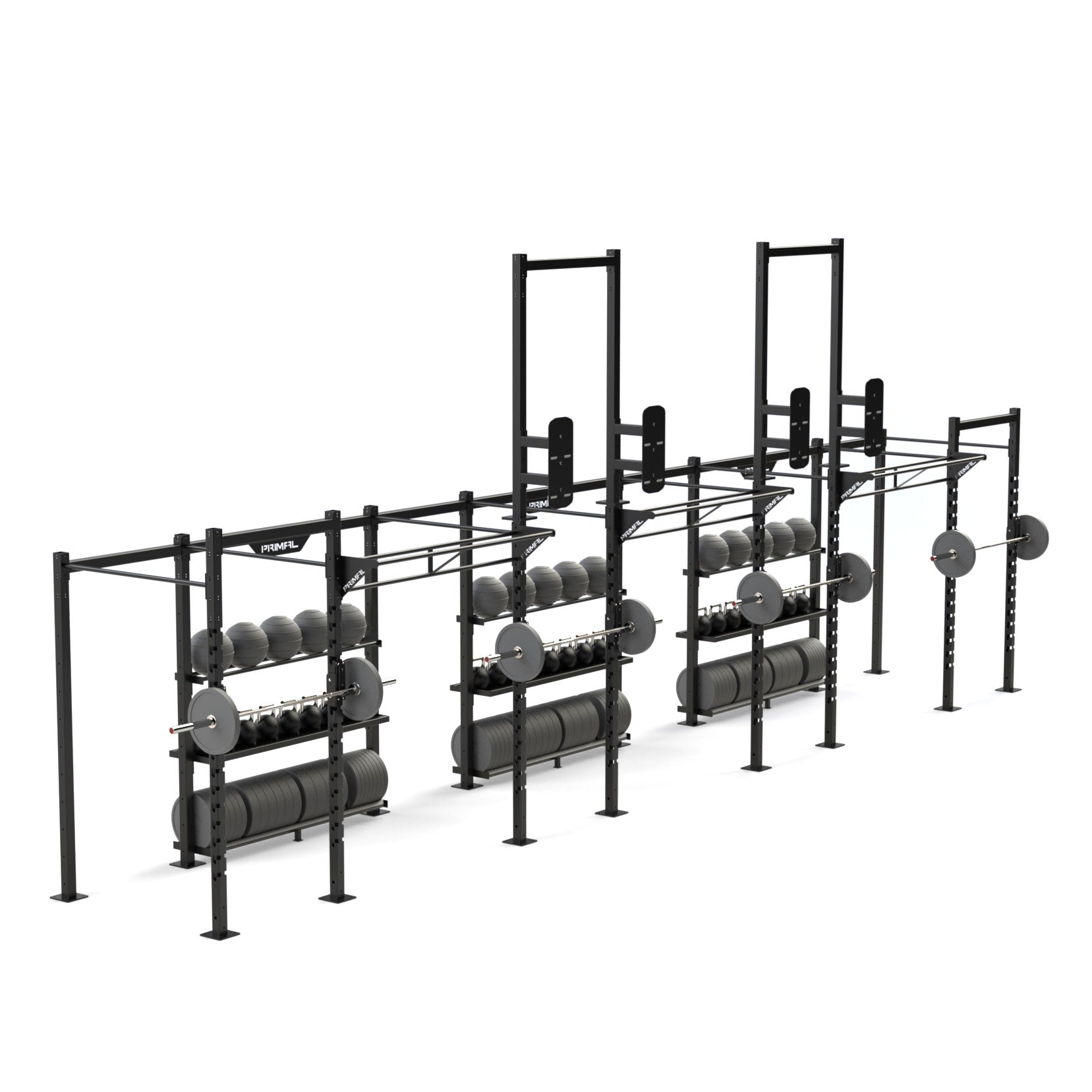 a custom gym rig with four barbell racks and functional fitness storage