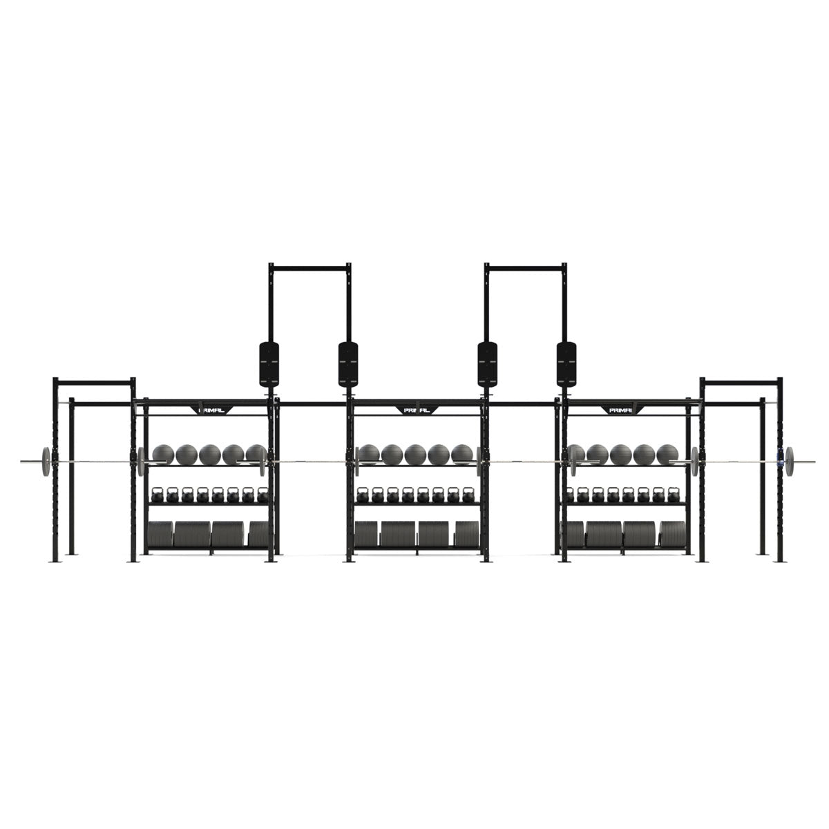 a custom gym rig with four barbell racks and functional fitness storage