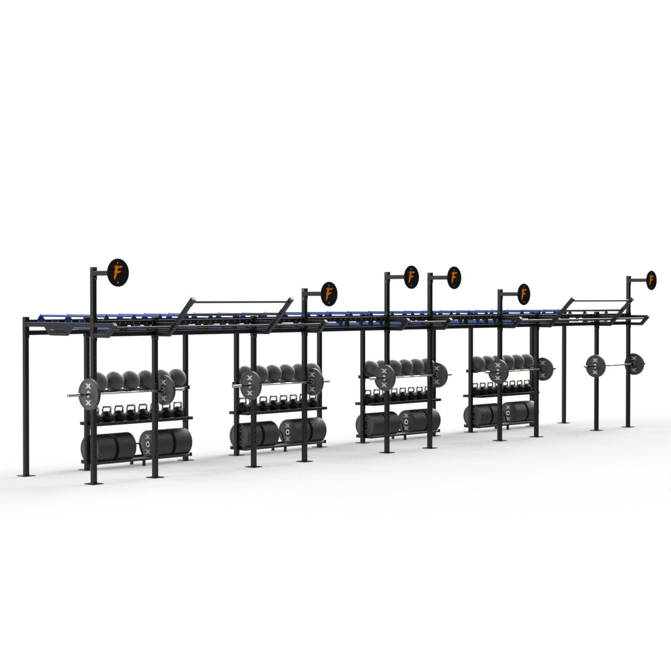 a custom gym rig with five barbell racks and functional fitness storage