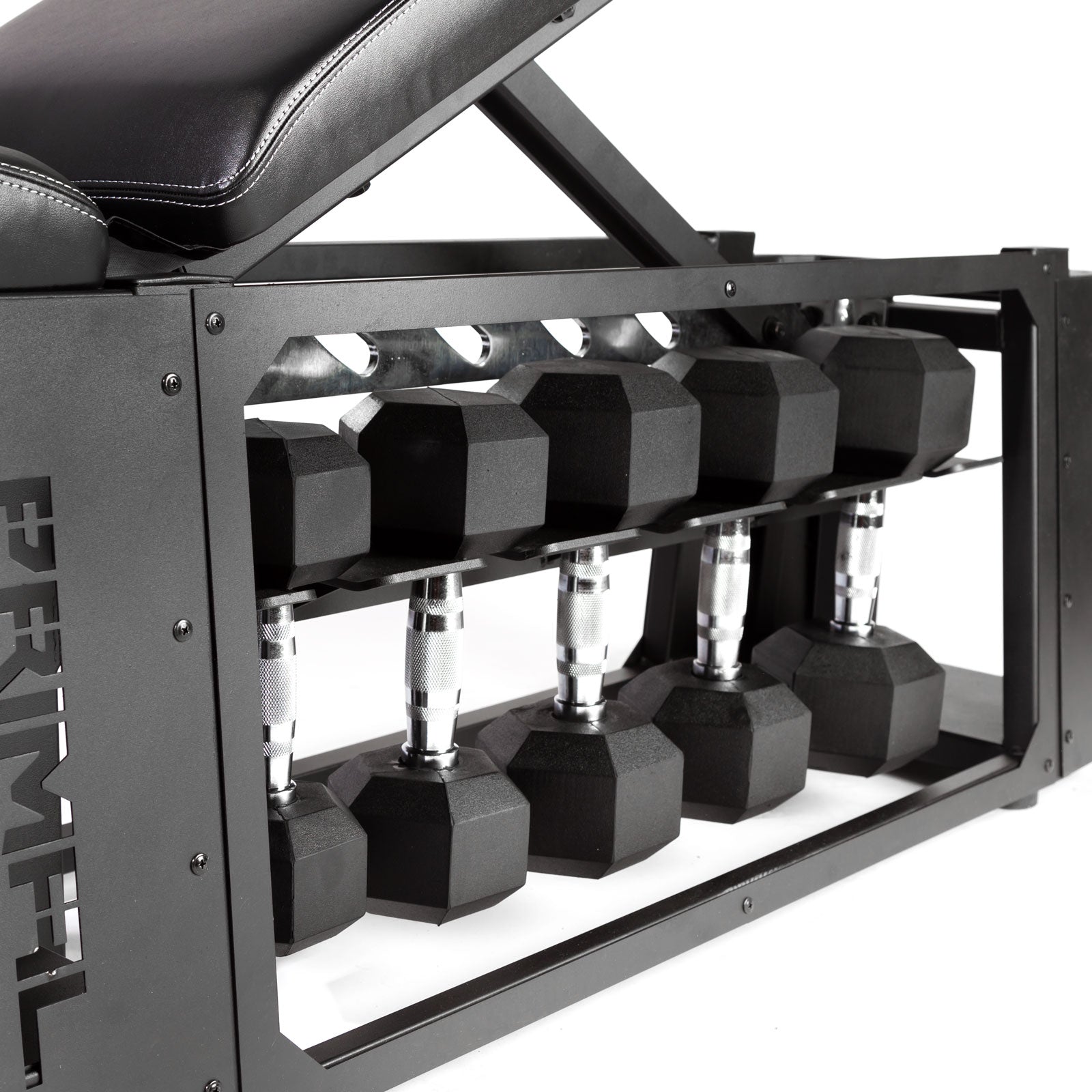 a adjustable bench with dumbbells stored underneath