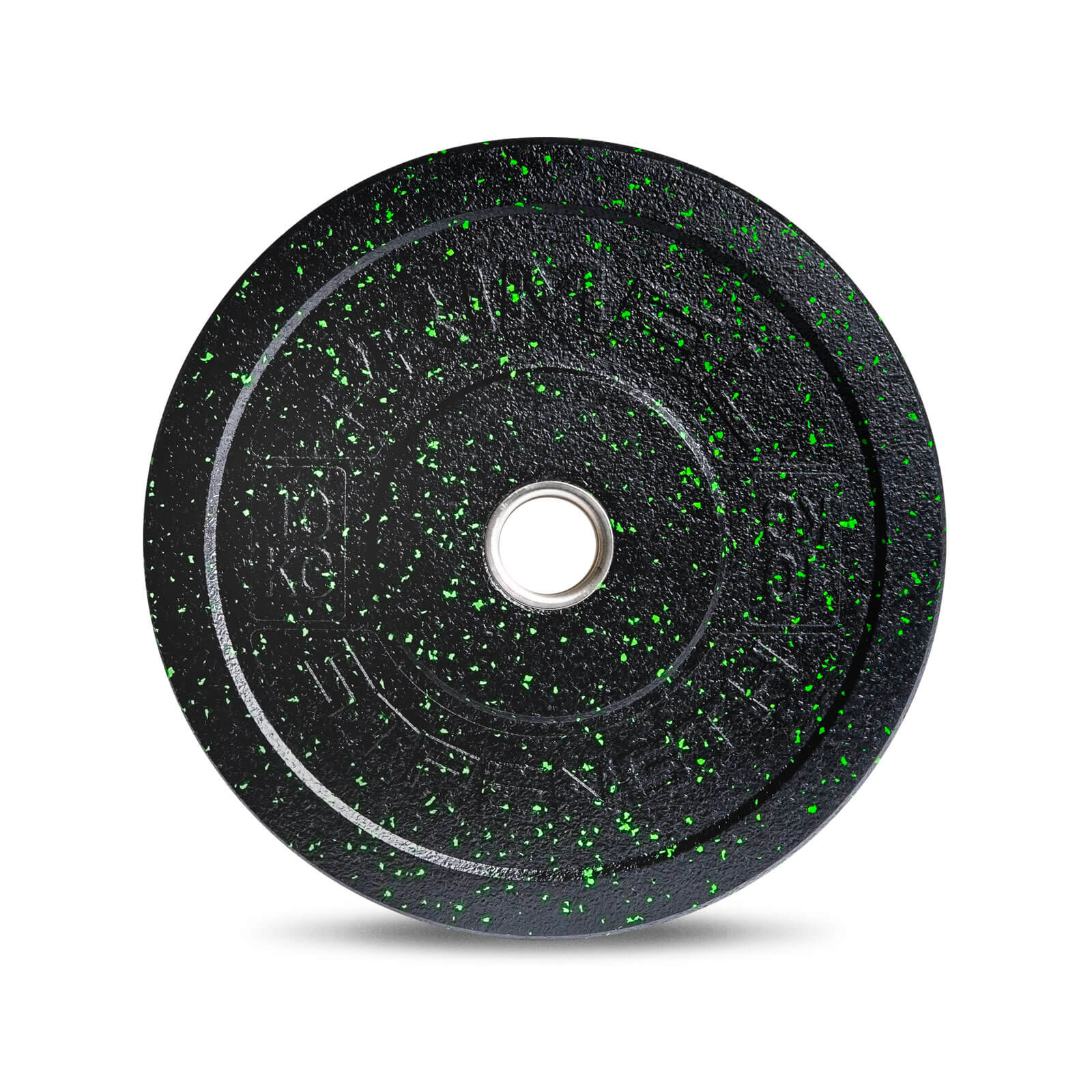 a black and green 10kg hi temp weight plate