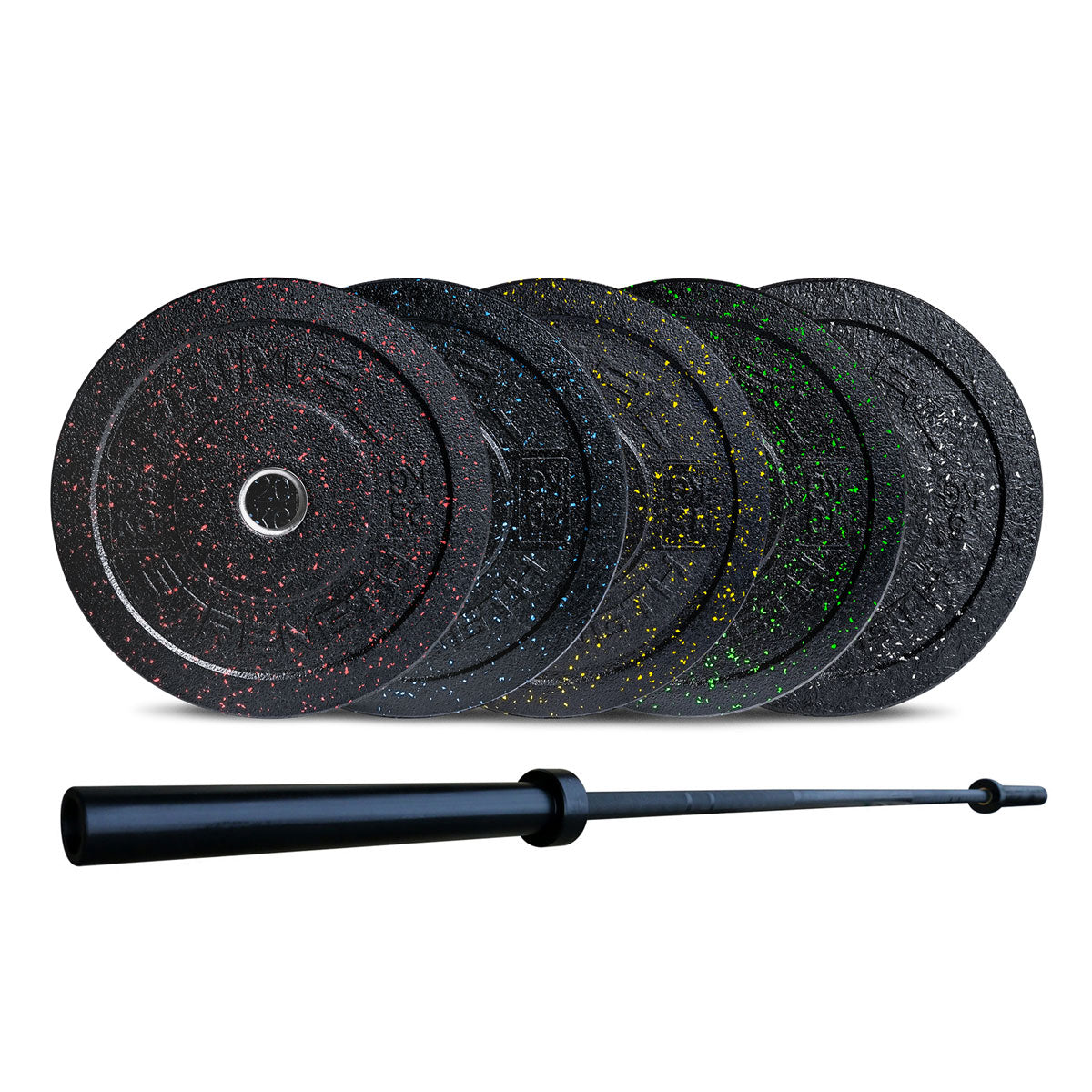 a group of fleck coloured bumper plates with olympic barbell