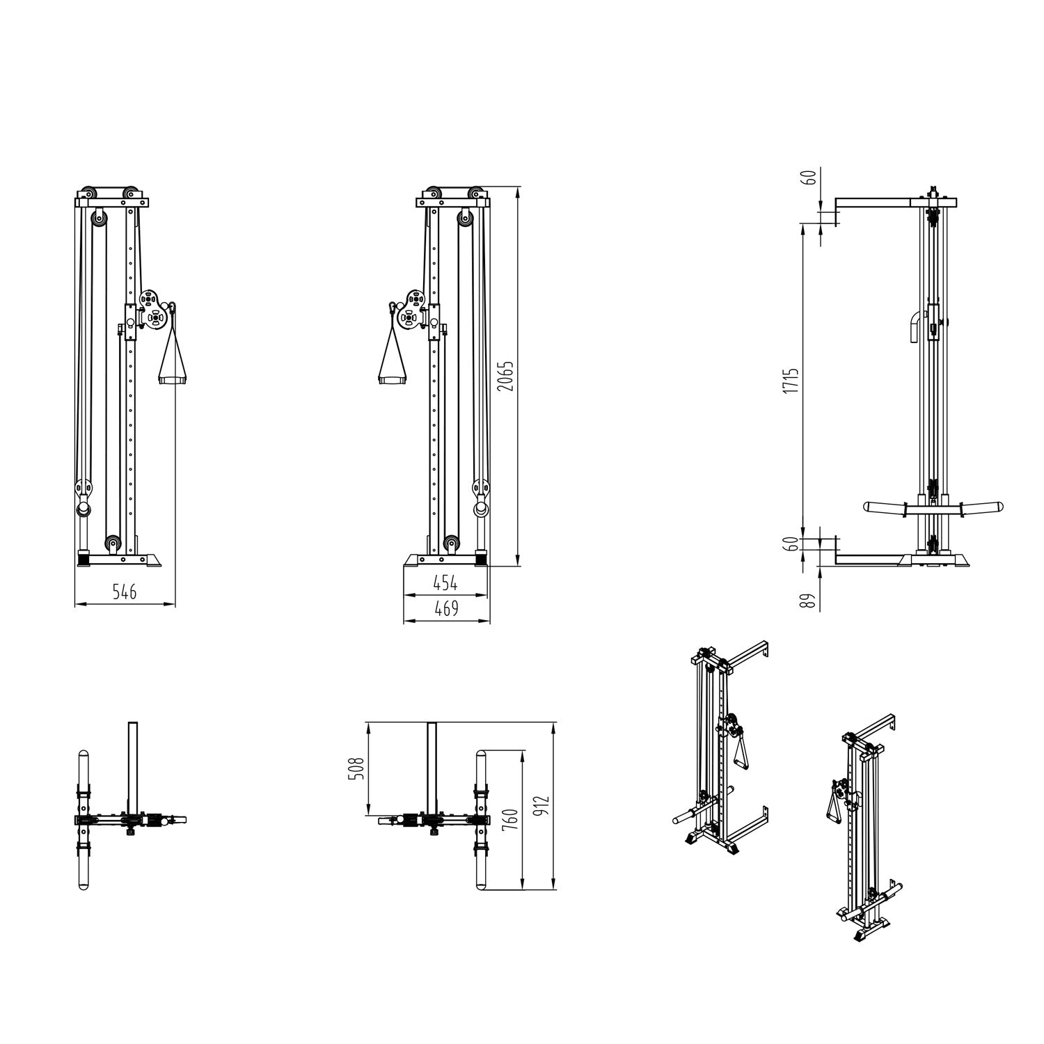 a diagram and dimensions of a wall mounted cable crossover machine